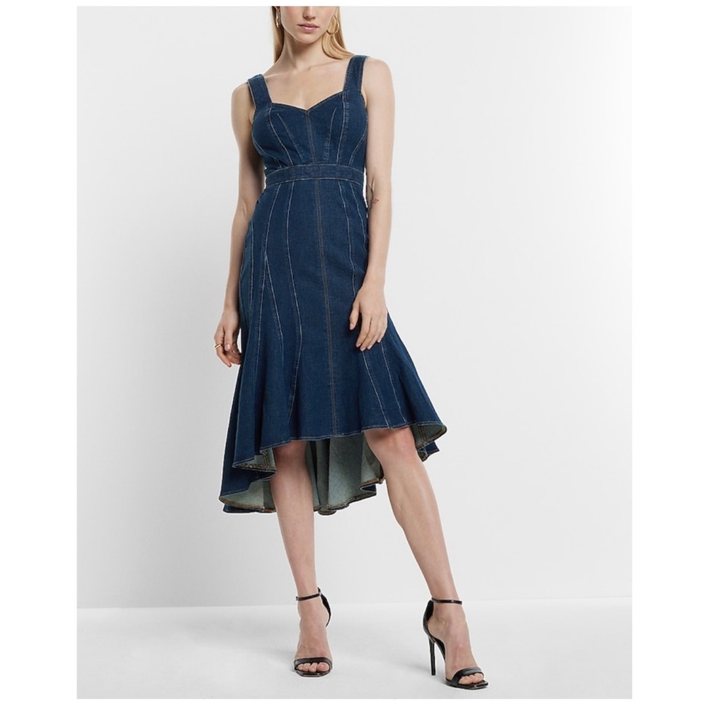 Denim Sweetheart Neckline Seamed Fit and Flare Midi Dress